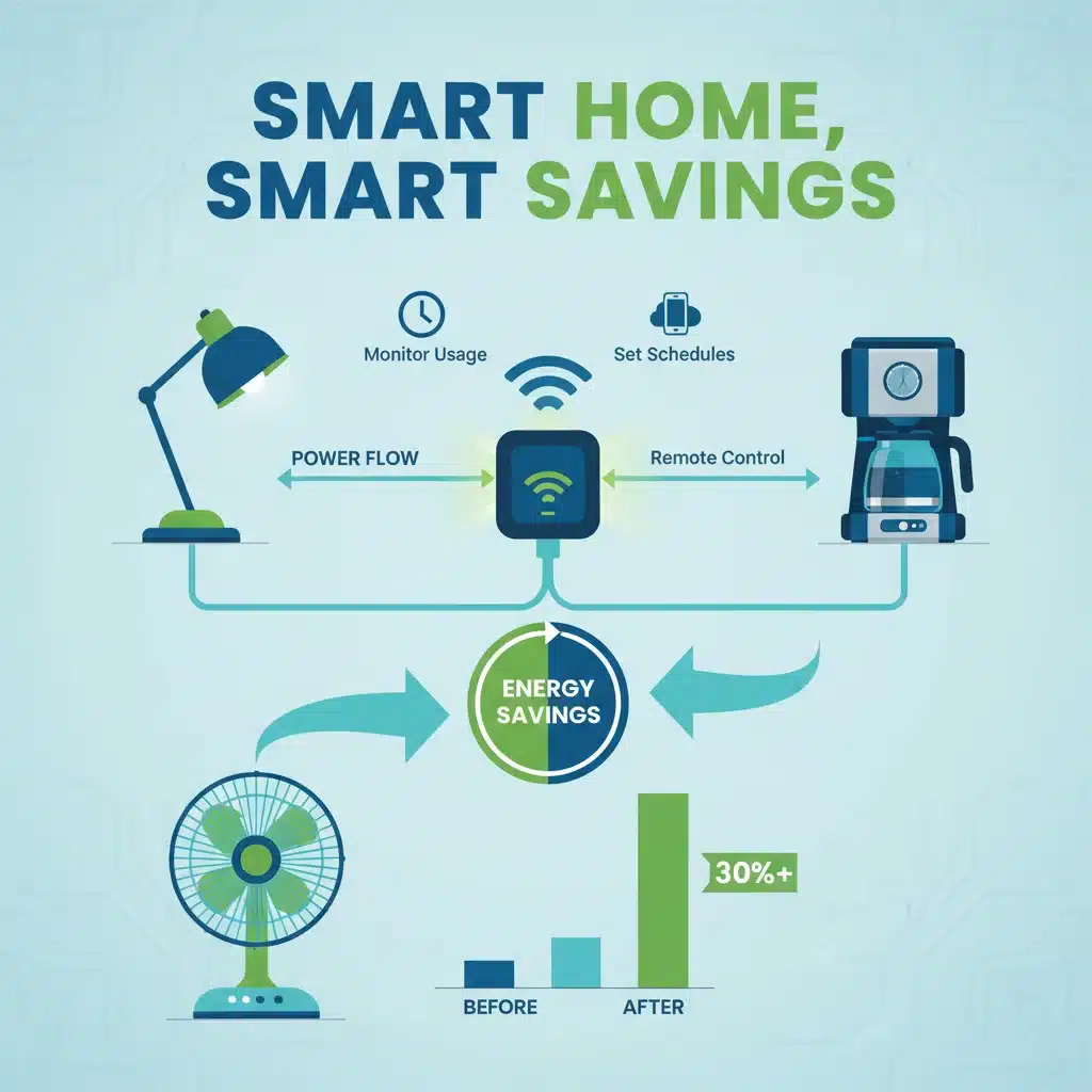 Infographic showing energy savings from smart plugs on household appliances