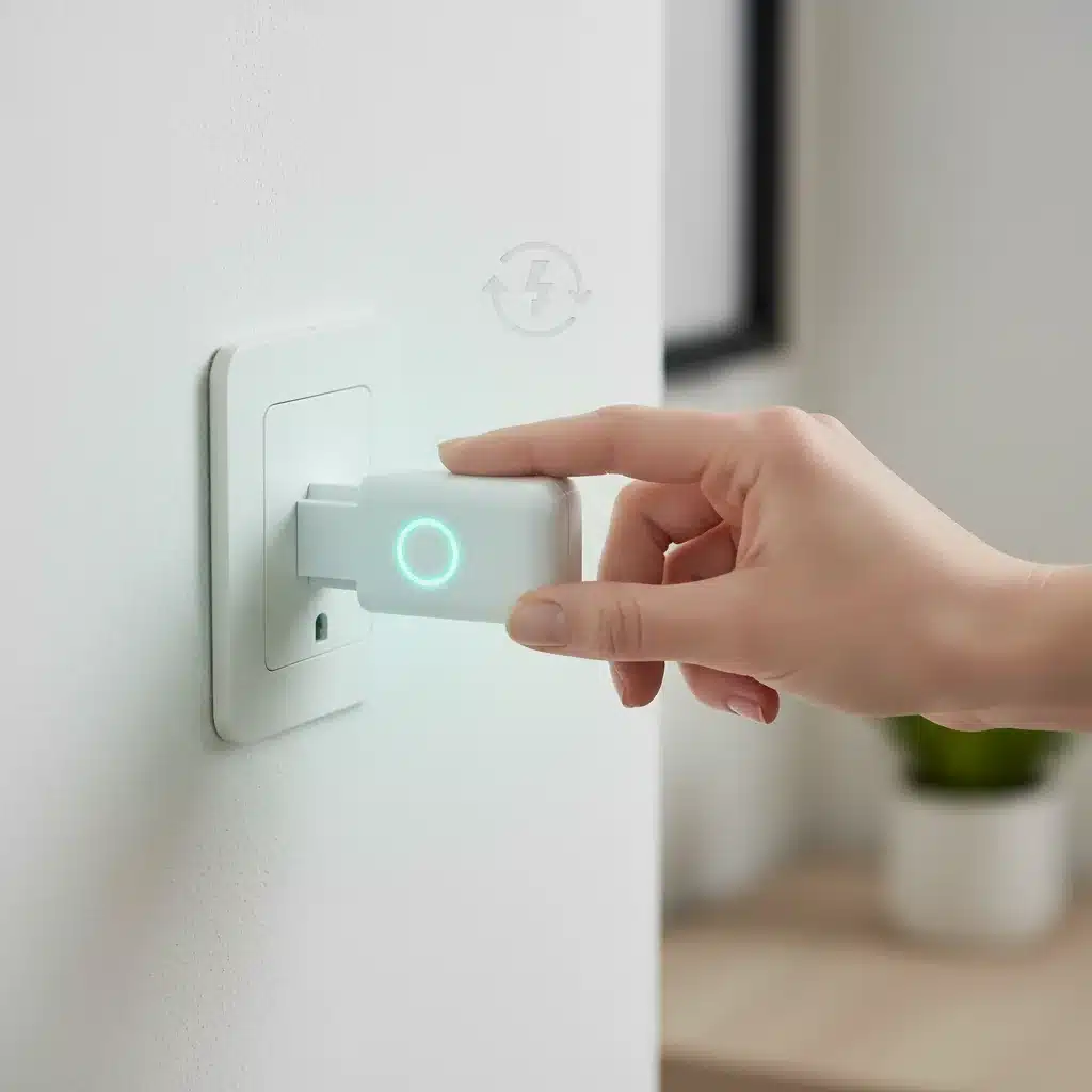 Hand installing smart plug into wall outlet for energy control
