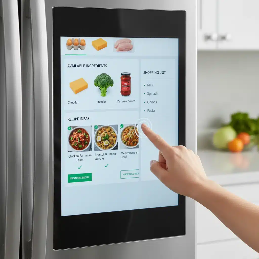 Smart refrigerator displaying inventory and recipe suggestions