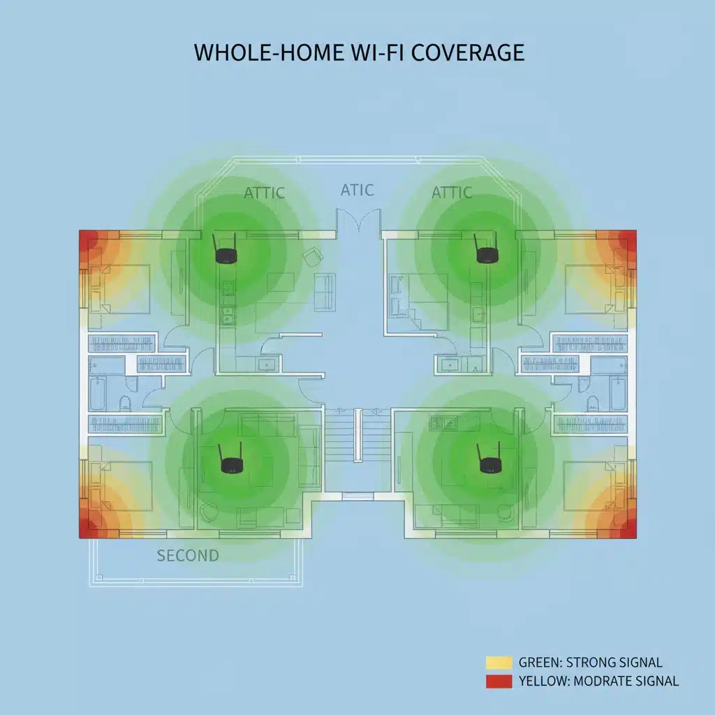 Wi-Fi signal strength heat map across a multi-story home blueprint
